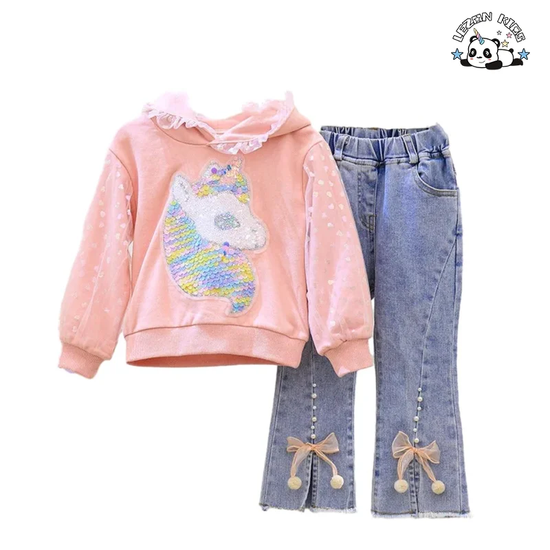 LEZONKIDS - New Fashion Kids Clothing Girls Sequined Unicorn Hoodie Denim Pearl Pants